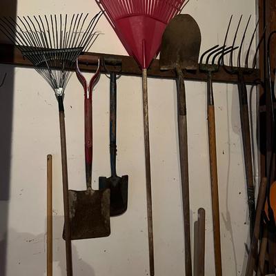 Lot of 7 Yard Tools incl. Rakes, Cultivator, Fork, and Shovels