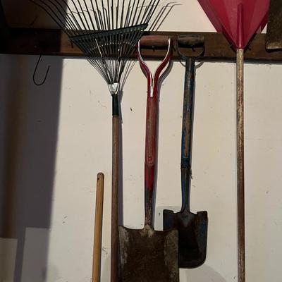 Lot of 7 Yard Tools incl. Rakes, Cultivator, Fork, and Shovels