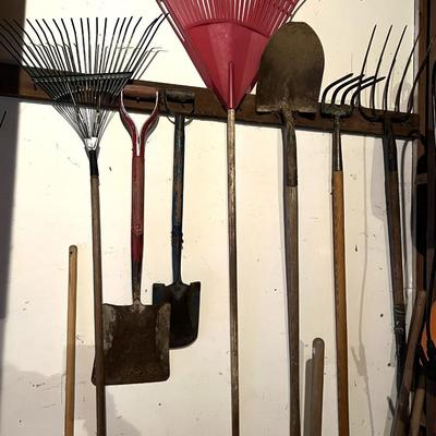 Lot of 7 Yard Tools incl. Rakes, Cultivator, Fork, and Shovels