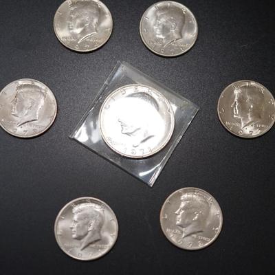 GROUPING EISENHOWER DOLLAR 1971 MINT/ 1971-1974 KENNEDY HALF DOLLARS (6)