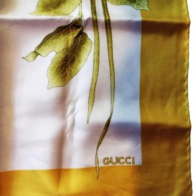 Vtg Gucci Silk Scarf hand rolled Tropical Fish Seascape Gold Border