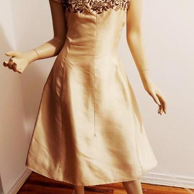 Vtg 1950's Silk Trapeze Golden Dress Heavily Beaded Bodice Metal Zipper Lined
