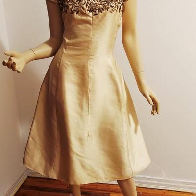 Vtg 1950's Silk Trapeze Golden Dress Heavily Beaded Bodice Metal Zipper Lined