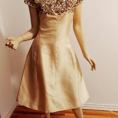 Vtg 1950's Silk Trapeze Golden Dress Heavily Beaded Bodice Metal Zipper Lined