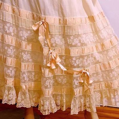 Antique Victorian Lace/Cotton Maxi Skirt Ballerina Pink Ribbon/Bows