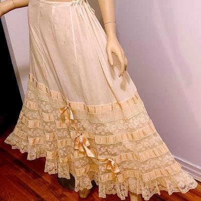 Antique Victorian Lace/Cotton Maxi Skirt Ballerina Pink Ribbon/Bows