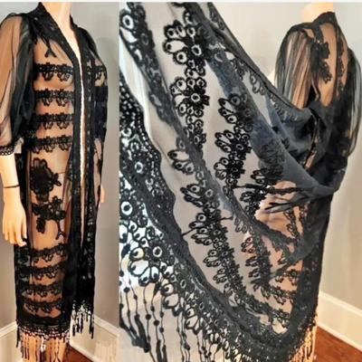 Vtg Black Lace Opera Coat Gatsby Vibe w/Fringe Puff Sleeves