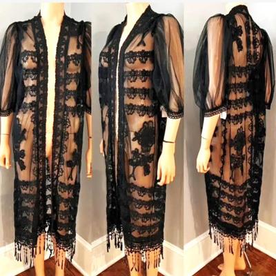 Vtg Black Lace Opera Coat Gatsby Vibe w/Fringe Puff Sleeves