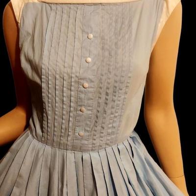 Vtg 1950's Fit & Flare Circle Baby Blue Cotton dress Jumper Bib Bodice/Buttons Metal Zip