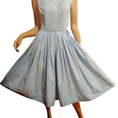 Vtg 1950's Fit & Flare Circle Baby Blue Cotton dress Jumper Bib Bodice/Buttons Metal Zip