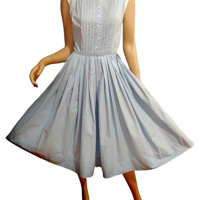 Vtg 1950's Fit & Flare Circle Baby Blue Cotton dress Jumper Bib Bodice/Buttons Metal Zip