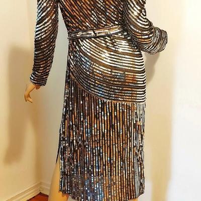 Vtg Judith Ann Creations rare Silk w/Silver sequins layering dress with Sash