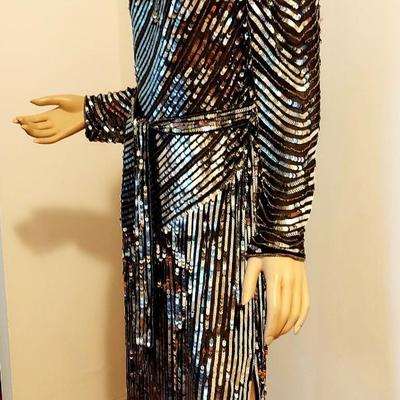 Vtg Judith Ann Creations rare Silk w/Silver sequins layering dress with Sash