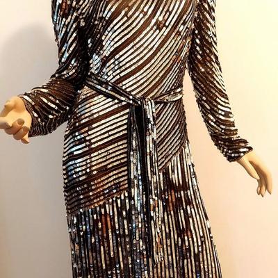 Vtg Judith Ann Creations rare Silk w/Silver sequins layering dress with Sash