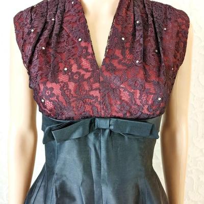 Vtg 1950's  Empire Fit & Flare Dress  Lace & Taffeta Kitten Bow Rhinestones