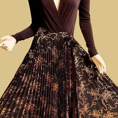 Gold Metallic Maxi Wrap Dress Black Pleated background
