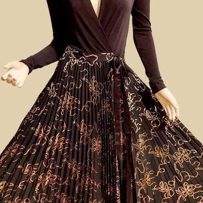 Gold Metallic Maxi Wrap Dress Black Pleated background