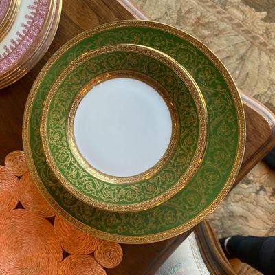 Green and Gold Limoge UC-7 dinner plates and 9 butter plates