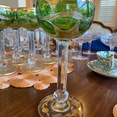 Antique Bohemian Green Wine Goblets - (one with significant wear on gold).