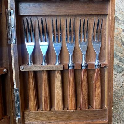 Wood handled Knife & Fork set in fitted inlaid wood box.