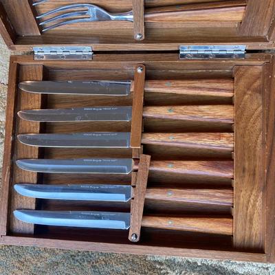 Wood handled Knife & Fork set in fitted inlaid wood box.