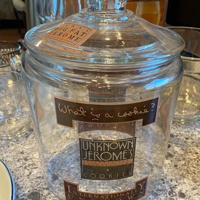 8" tall large Unknown Jerome clear glass cookie jar.