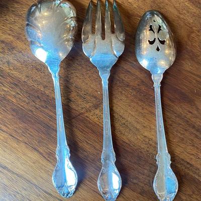 3 piece SILVER serving set 9" Scalloped Spoon, Pierced Spoon & Fork.