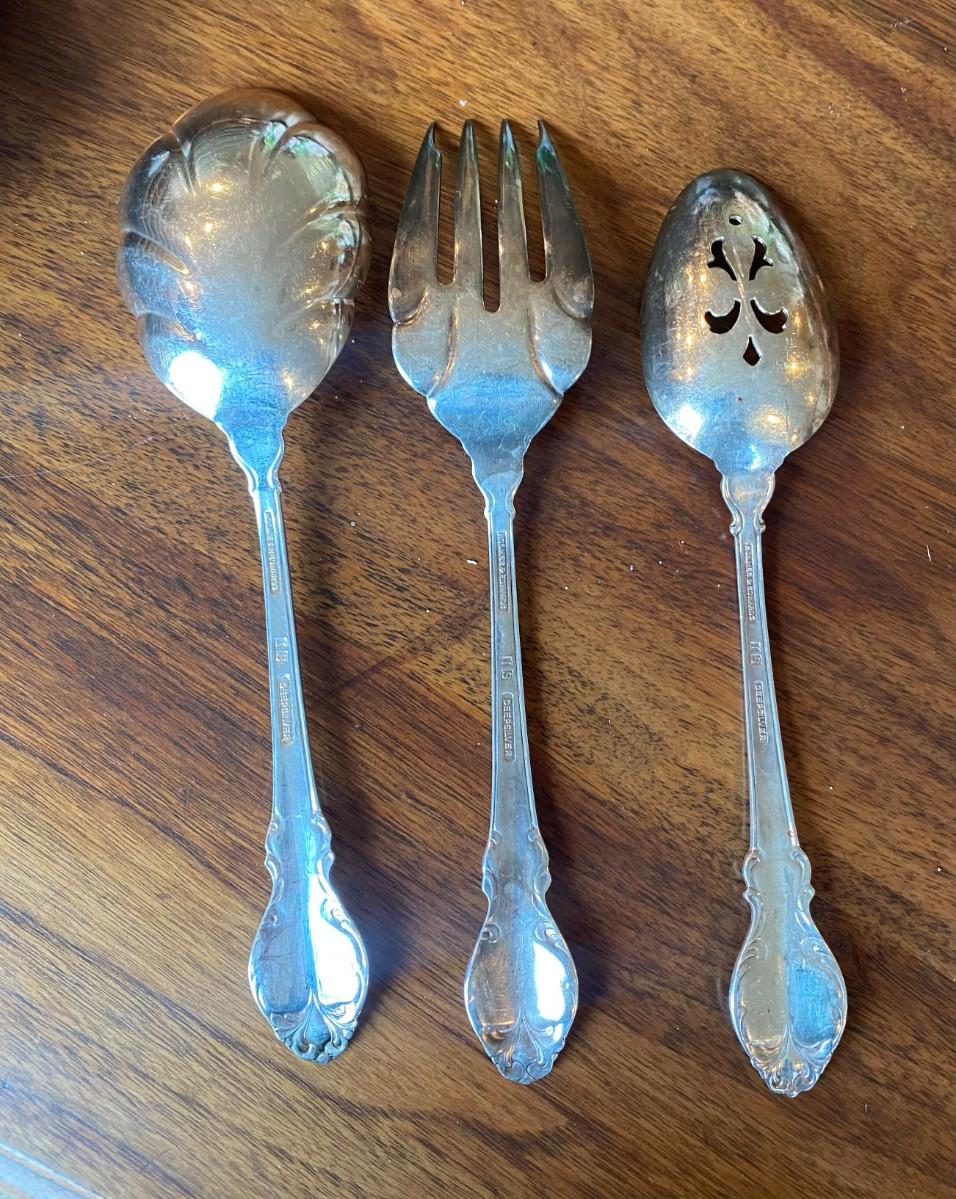 3 piece SILVER serving set 9" Scalloped Spoon, Pierced Spoon & Fork