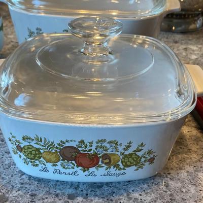1.5 and 3 Qt Harvest Vegetable Corning Ware Casserole with Lids.   4 cup pyrex measuring cup.