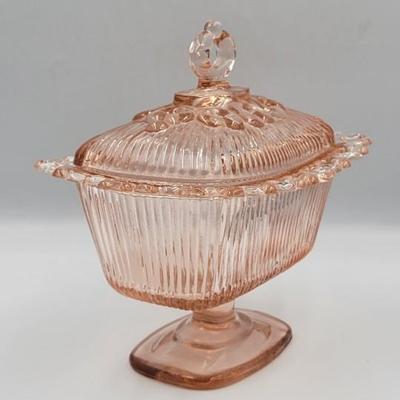 Vintage Pink Indiana Glass  Footed Candy Box with Lid