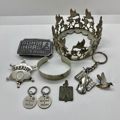 LOT 2C: Pewter Candler Holder, Keychain, Cuff Bracelet & Misc. Silvertone Items