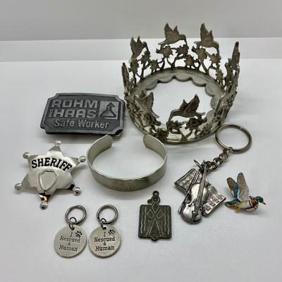 LOT 2C: Pewter Candler Holder, Keychain, Cuff Bracelet & Misc. Silvertone Items