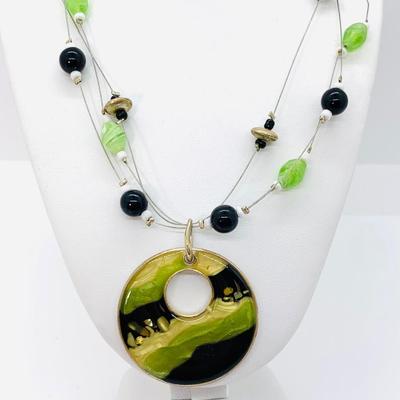 LOT 102R: Floral Beaded Necklace, Green, Black & Yellow Pendant Necklace & Silver Bead Necklace w/Matching Pierced Earrings