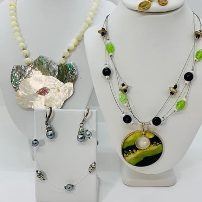 LOT 102R: Floral Beaded Necklace, Green, Black & Yellow Pendant Necklace & Silver Bead Necklace w/Matching Pierced Earrings