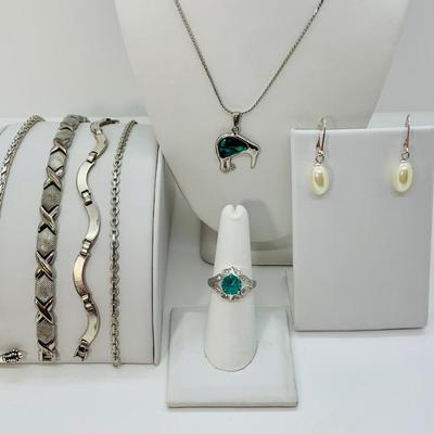 LOT 103R: Silvertone Bracelets, Simulated Gemstone Ring, Penguin  Necklace & Pierced Dangle Earrings