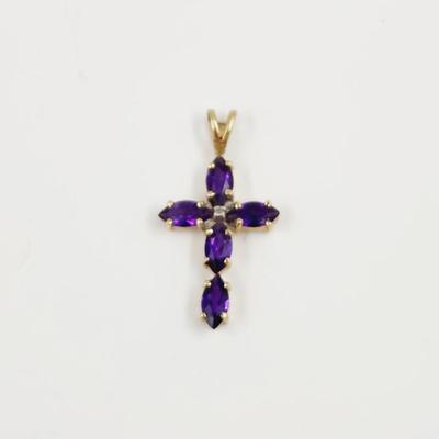 10K GOLD PURPLE AMETHYST w/ BABY DIAMOND CROSS PENDANT