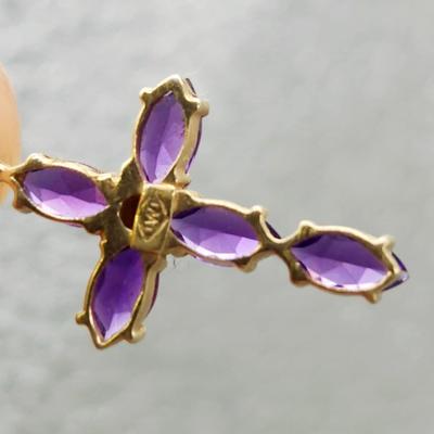 10K GOLD PURPLE AMETHYST w/ BABY DIAMOND CROSS PENDANT