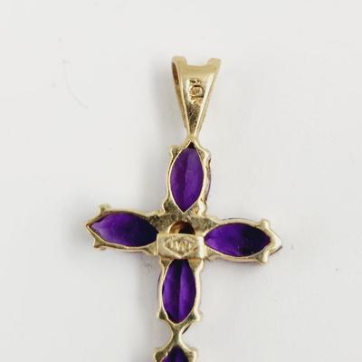 10K GOLD PURPLE AMETHYST w/ BABY DIAMOND CROSS PENDANT
