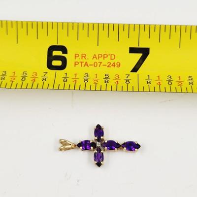 10K GOLD PURPLE AMETHYST w/ BABY DIAMOND CROSS PENDANT