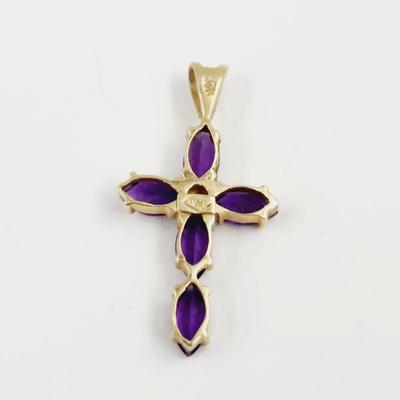 10K GOLD PURPLE AMETHYST w/ BABY DIAMOND CROSS PENDANT