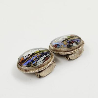 ALFANO BRAZILLIAN SILVERTONED HAND PAINTED CLIP ON EARRINGS