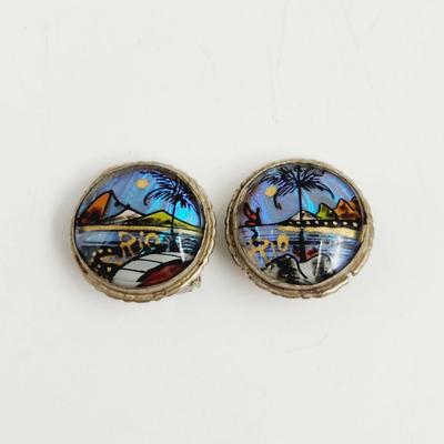 ALFANO BRAZILLIAN SILVERTONED HAND PAINTED CLIP ON EARRINGS