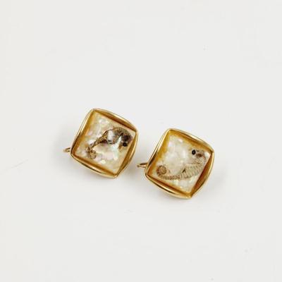 VINTAGE GENUINE SEA HORSE ENCASED GOLD TONED CUFF LINKS