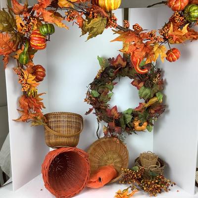 Lot # 1008 Fall Wreath & Garland  & Baskets