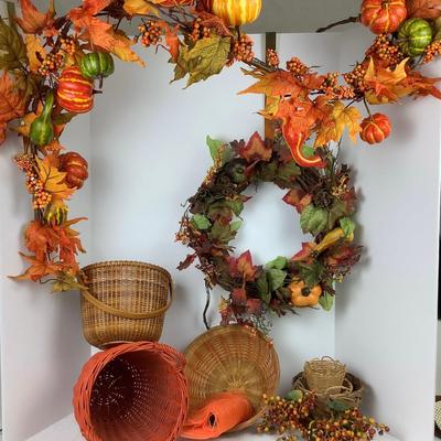 Lot # 1008 Fall Wreath & Garland  & Baskets