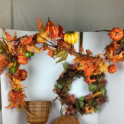 Lot # 1008 Fall Wreath & Garland  & Baskets