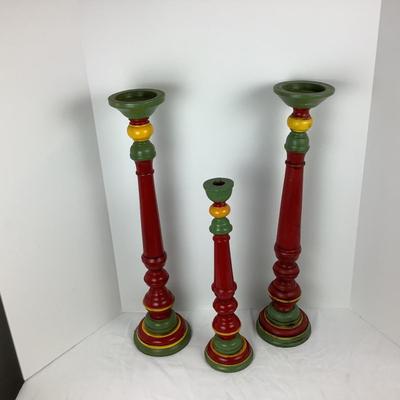 Lot # 1013  Three Vintage Mahogany Hand-carved/Hand-painted Oversized Candlestick