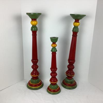 Lot # 1013  Three Vintage Mahogany Hand-carved/Hand-painted Oversized Candlestick