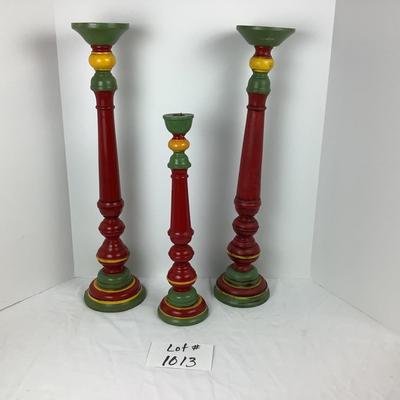 Lot # 1013  Three Vintage Mahogany Hand-carved/Hand-painted Oversized Candlestick