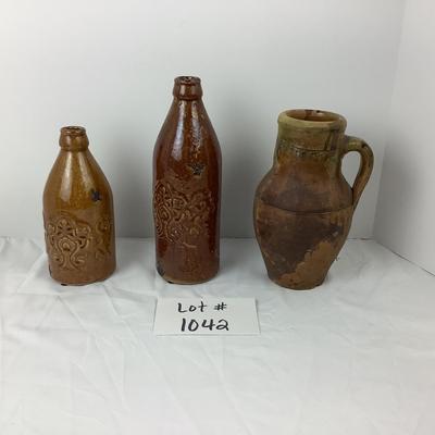 Lot # 1042  Lot of  Two Salt Glazed Pottery Jugs & One Pottery Jug